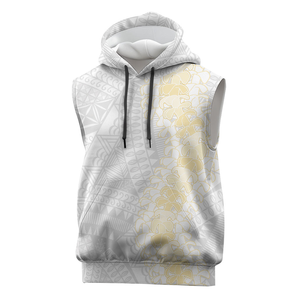Niue White Sunday Sleeveless Hoodie Niuean Hiapo With Puakenikeni Lei LT05 White - Polynesian Pride