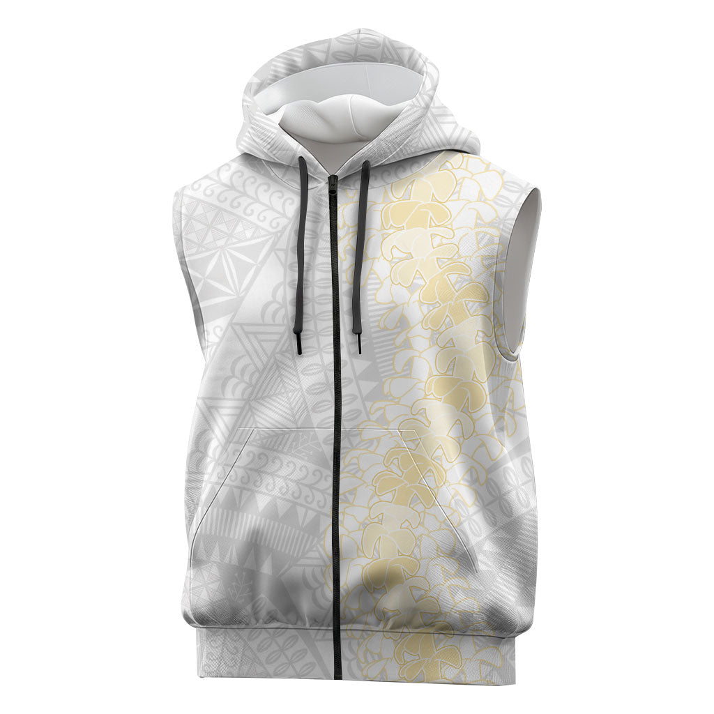 Niue White Sunday Sleeveless Zip Hoodie Niuean Hiapo With Puakenikeni Lei LT05 White - Polynesian Pride