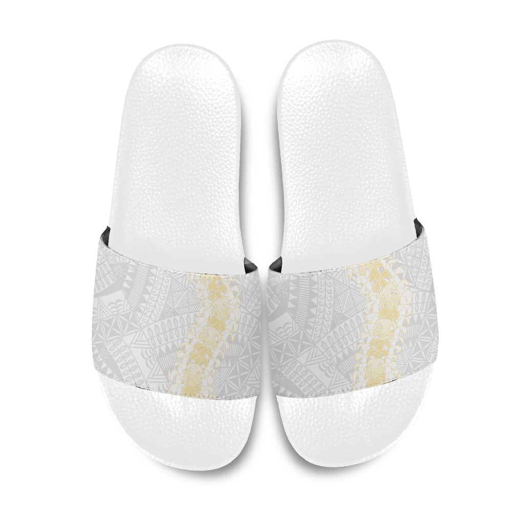 Niue White Sunday Slide Sandals Niuean Hiapo With Puakenikeni Lei