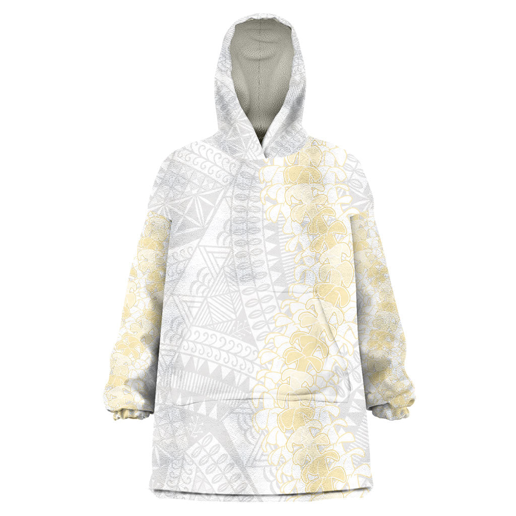 Niue White Sunday Wearable Blanket Hoodie Niuean Hiapo With Puakenikeni Lei LT05 One Size White - Polynesian Pride