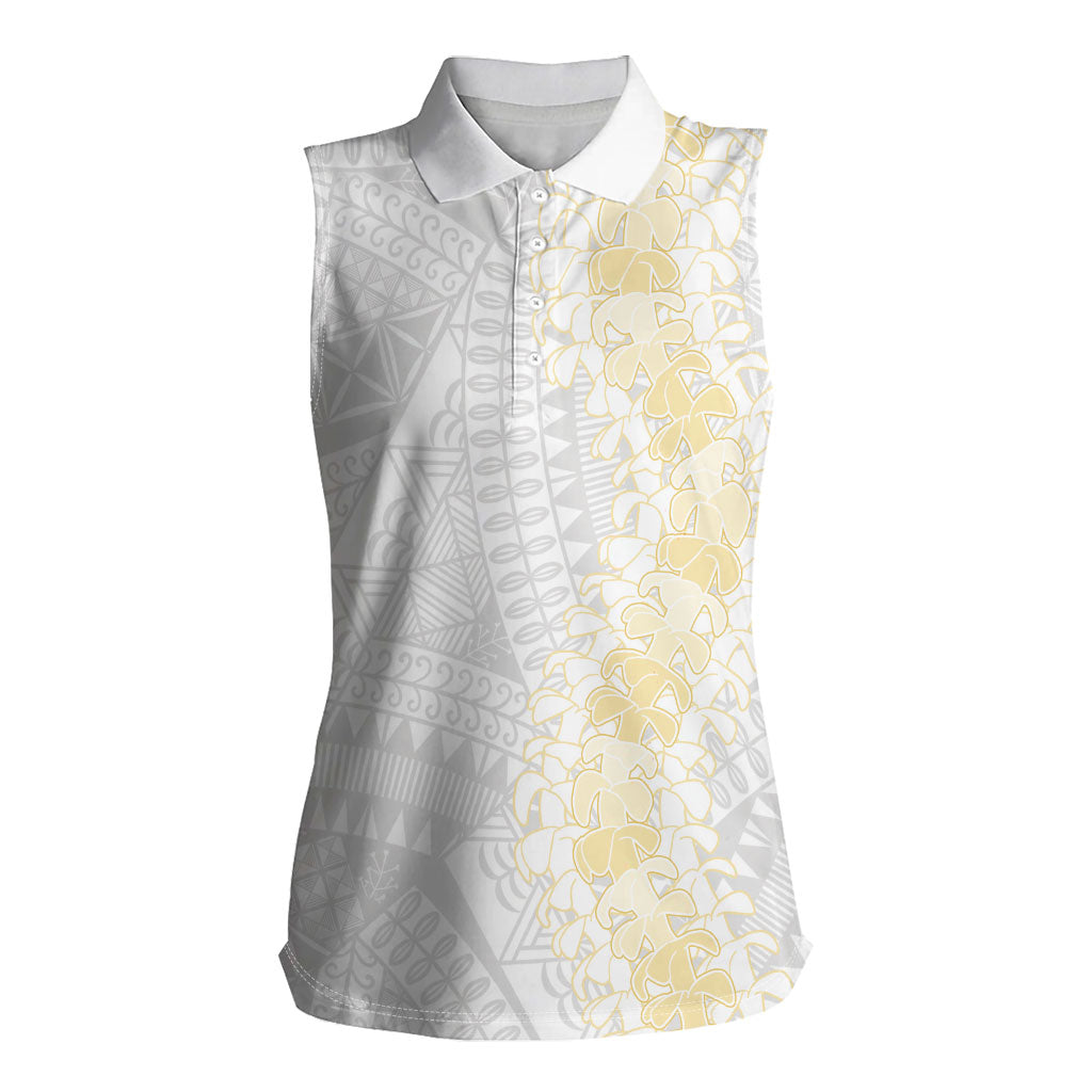 Niue White Sunday Women Sleeveless Polo Shirt Niuean Hiapo With Puakenikeni Lei LT05 Female White - Polynesian Pride
