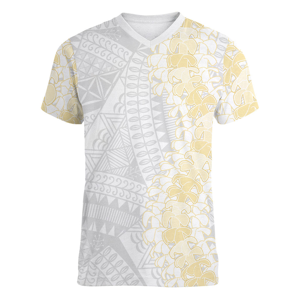 Niue White Sunday Women V-Neck T-Shirt Niuean Hiapo With Puakenikeni Lei LT05 Female White - Polynesian Pride