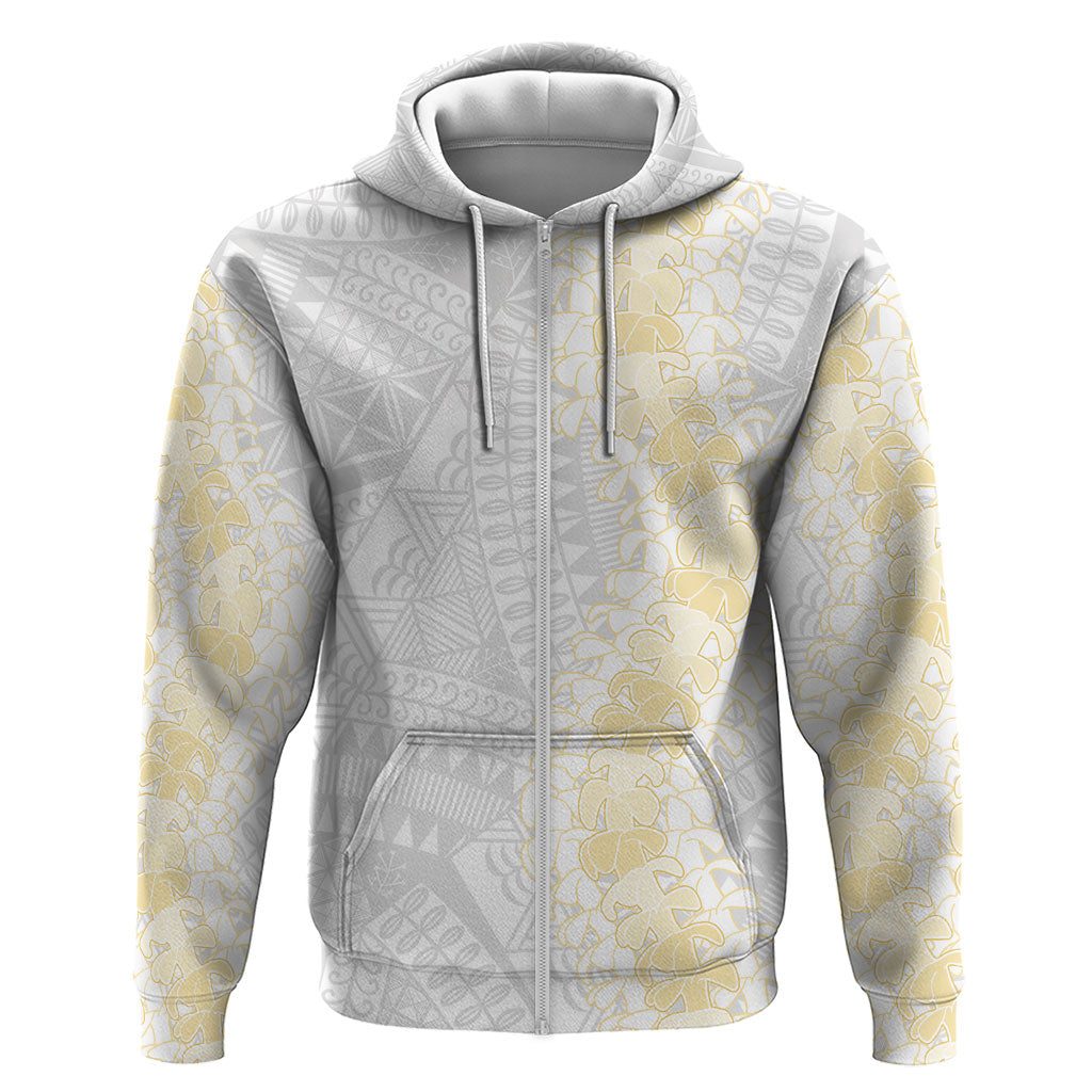 Niue White Sunday Zip Hoodie Niuean Hiapo With Puakenikeni Lei LT05 Zip Hoodie White - Polynesian Pride