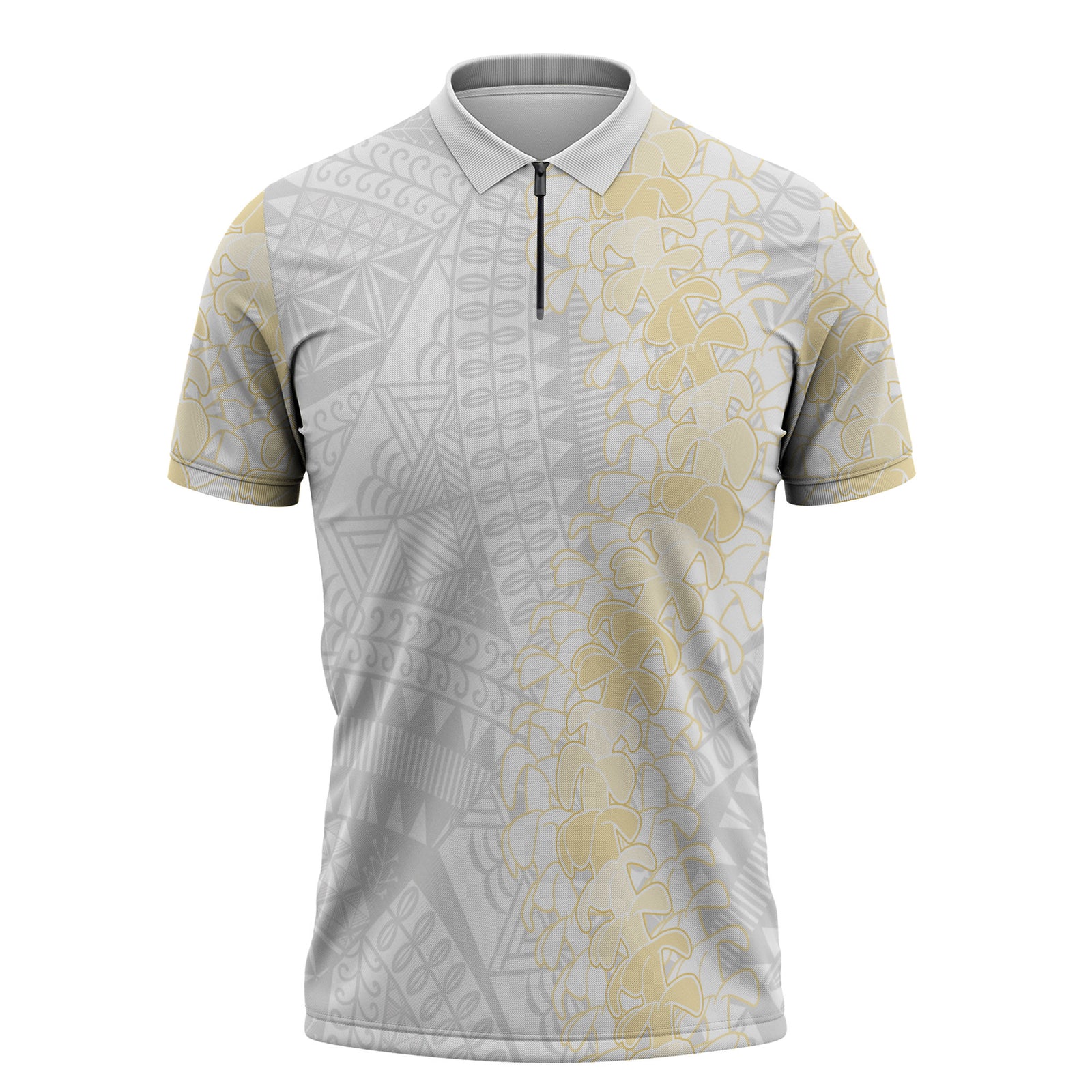 Niue White Sunday Zipper Polo Shirt Niuean Hiapo With Puakenikeni Lei LT05 White - Polynesian Pride