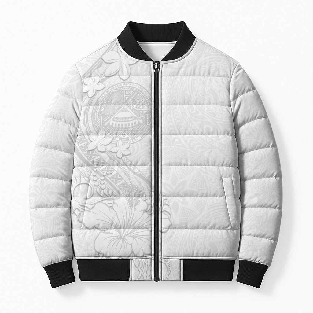 American Samoa White Sunday Bomber Puffer Jacket Polynesian Pattern With Tropical Flowers LT05 Unisex White - Polynesian Pride