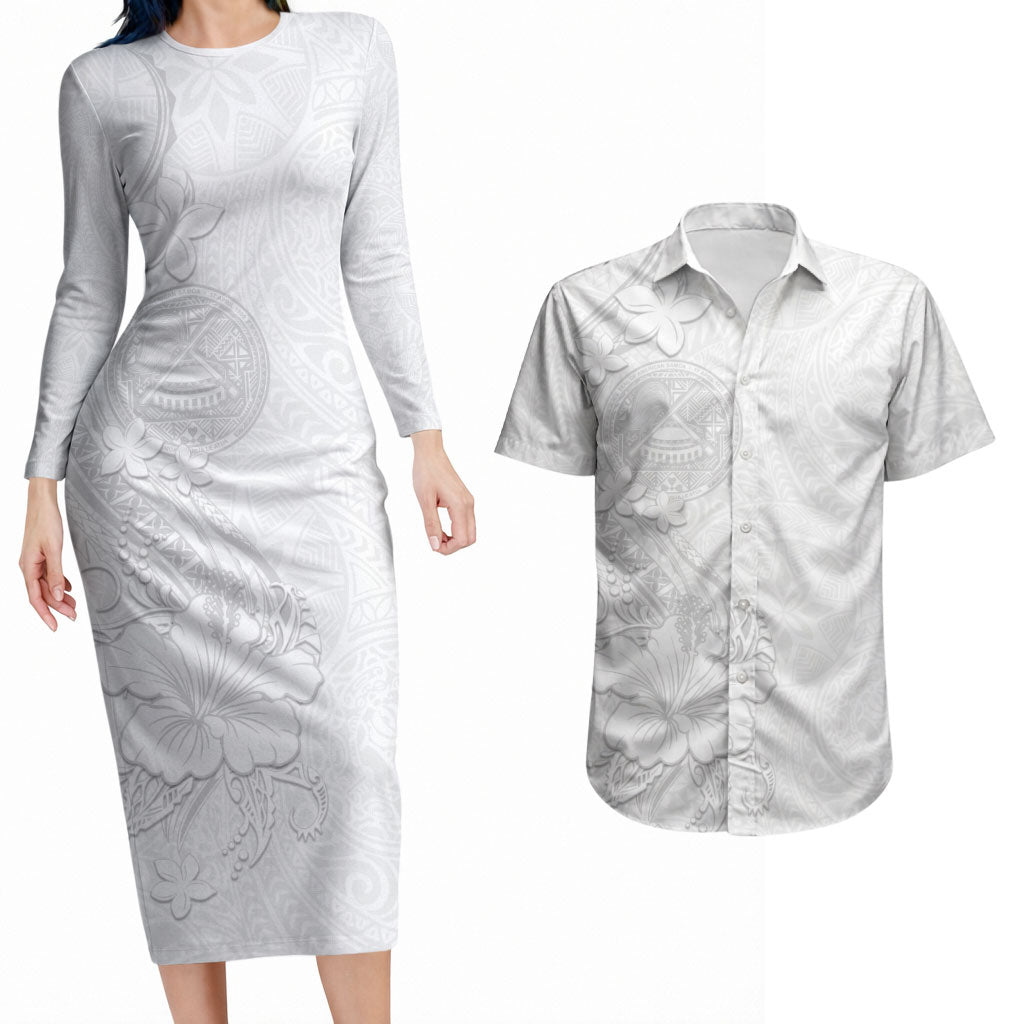 American Samoa White Sunday Couples Matching Long Sleeve Bodycon Dress and Hawaiian Shirt Polynesian Pattern With Tropical Flowers LT05 White - Polynesian Pride