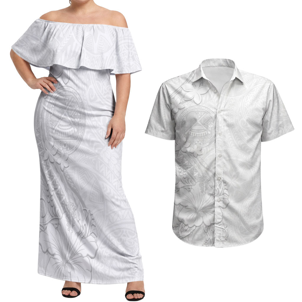 American Samoa White Sunday Couples Matching Off Shoulder Maxi Dress and Hawaiian Shirt Polynesian Pattern With Tropical Flowers LT05 White - Polynesian Pride