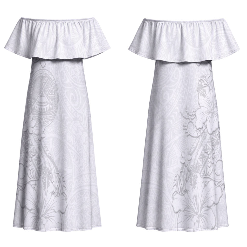 American Samoa White Sunday Couples Matching Off Shoulder Maxi Dress and Hawaiian Shirt Polynesian Pattern With Tropical Flowers