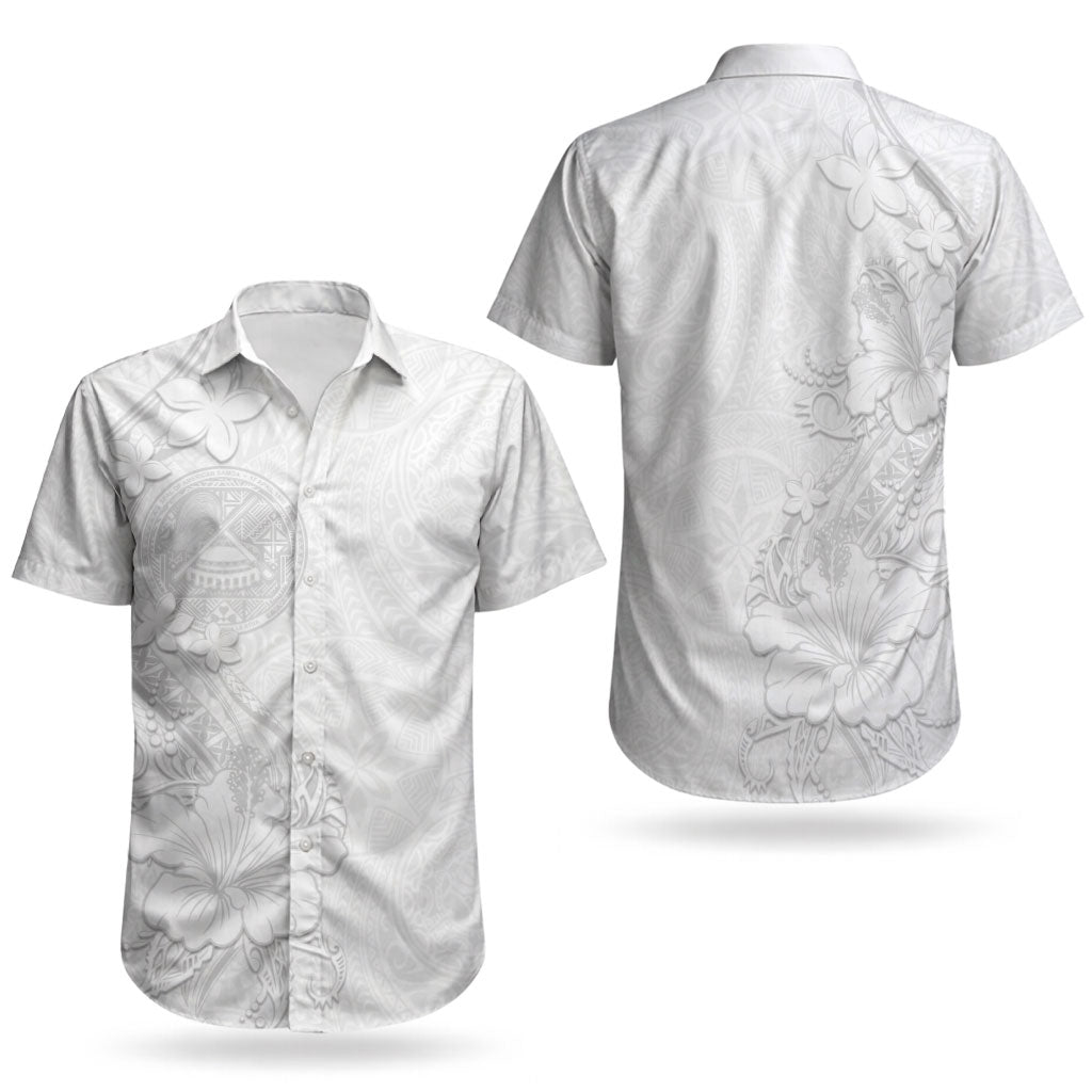 American Samoa White Sunday Couples Matching Off Shoulder Short Dress and Hawaiian Shirt Polynesian Pattern With Tropical Flowers