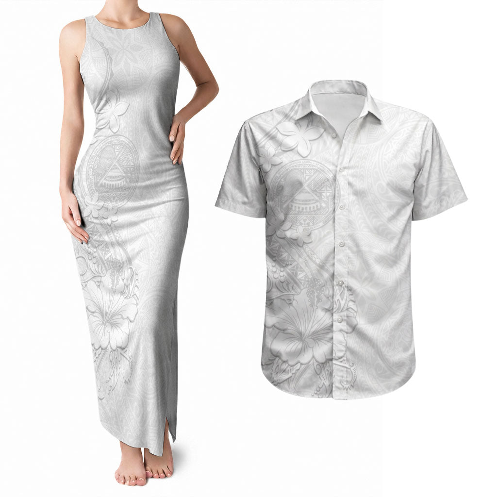 American Samoa White Sunday Couples Matching Tank Maxi Dress and Hawaiian Shirt Polynesian Pattern With Tropical Flowers LT05 White - Polynesian Pride