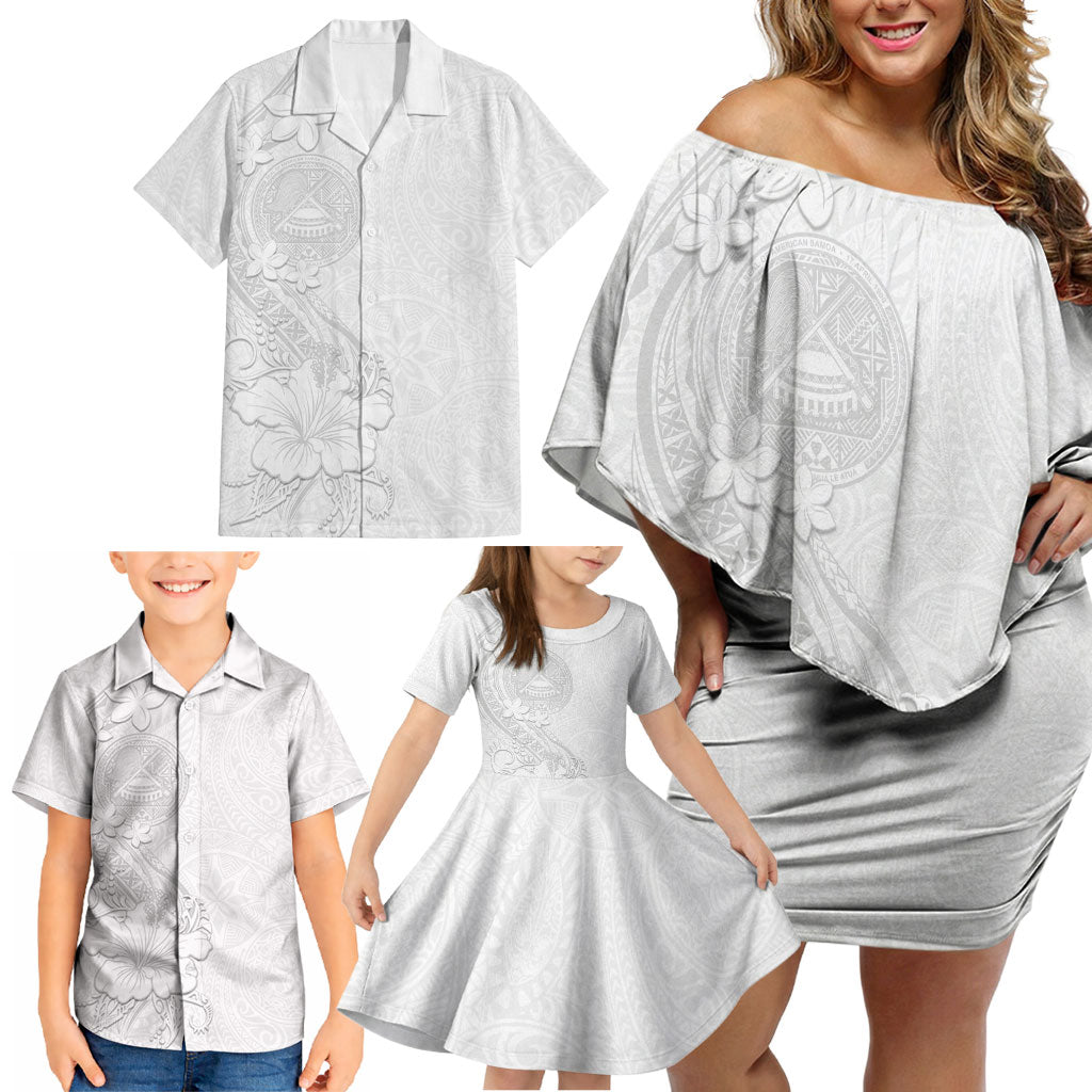 American Samoa White Sunday Family Matching Off Shoulder Short Dress and Hawaiian Shirt Polynesian Pattern With Tropical Flowers