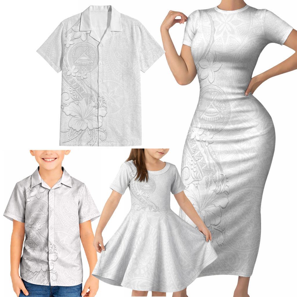 American Samoa White Sunday Family Matching Short Sleeve Bodycon Dress and Hawaiian Shirt Polynesian Pattern With Tropical Flowers LT05 - Polynesian Pride