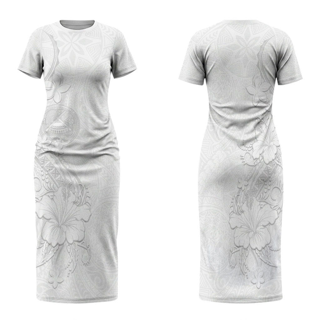American Samoa White Sunday Family Matching Short Sleeve Bodycon Dress and Hawaiian Shirt Polynesian Pattern With Tropical Flowers