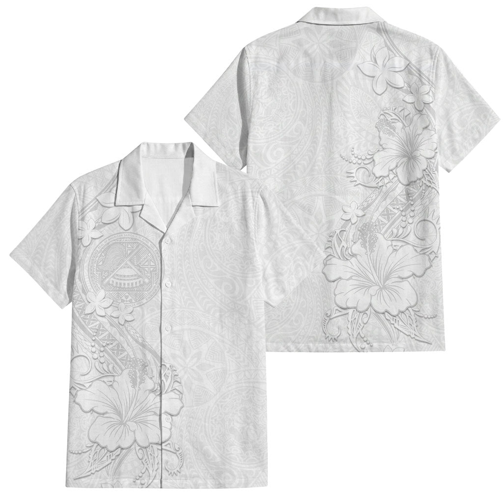 American Samoa White Sunday Family Matching Short Sleeve Bodycon Dress and Hawaiian Shirt Polynesian Pattern With Tropical Flowers