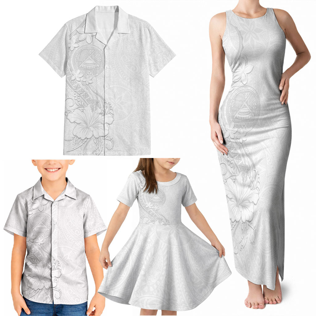 American Samoa White Sunday Family Matching Tank Maxi Dress and Hawaiian Shirt Polynesian Pattern With Tropical Flowers