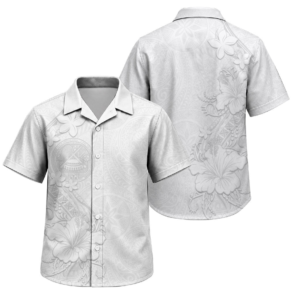 American Samoa White Sunday Family Matching Tank Maxi Dress and Hawaiian Shirt Polynesian Pattern With Tropical Flowers