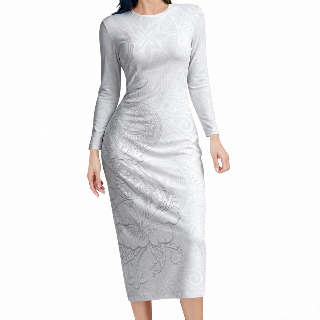 American Samoa White Sunday Long Sleeve Bodycon Dress Polynesian Pattern With Tropical Flowers LT05 Long Dress White - Polynesian Pride
