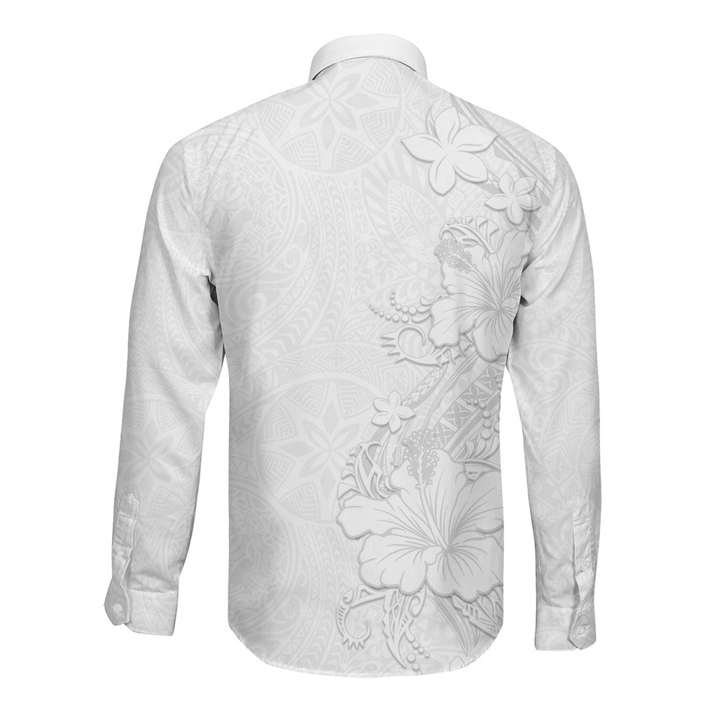 American Samoa White Sunday Long Sleeve Button Shirt Polynesian Pattern With Tropical Flowers