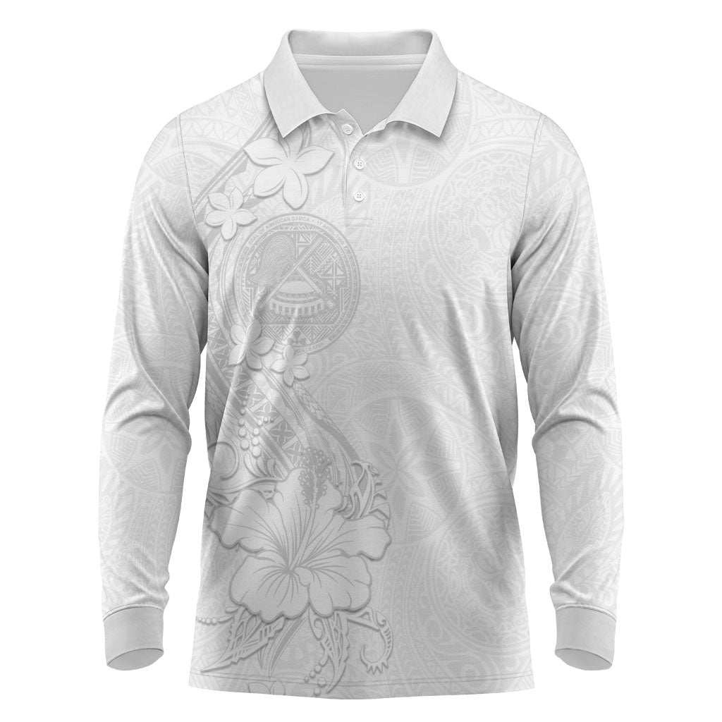 American Samoa White Sunday Long Sleeve Polo Shirt Polynesian Pattern With Tropical Flowers LT05 White - Polynesian Pride