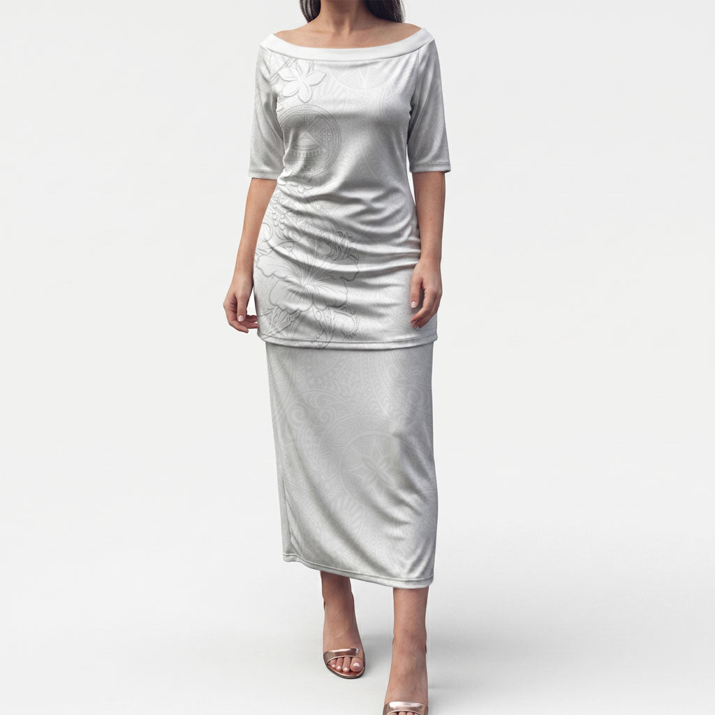 American Samoa White Sunday Puletasi Polynesian Pattern With Tropical Flowers LT05 Long Dress White - Polynesian Pride