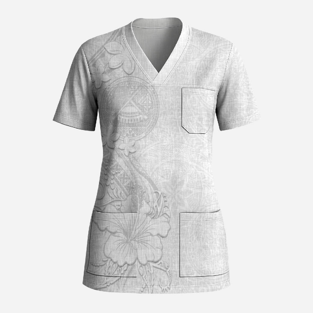 American Samoa White Sunday Scrub Top Polynesian Pattern With Tropical Flowers LT05 Adult White - Polynesian Pride