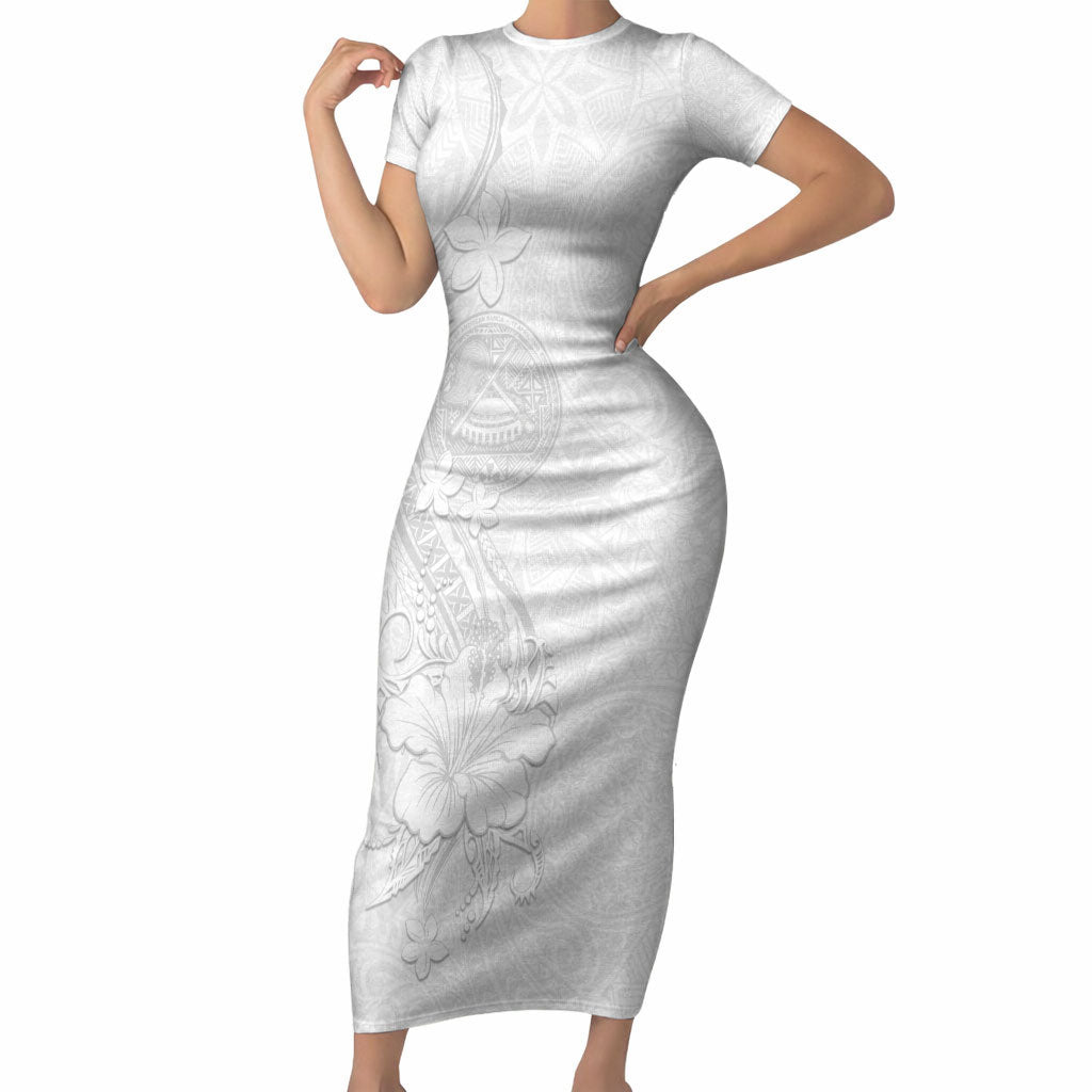 American Samoa White Sunday Short Sleeve Bodycon Dress Polynesian Pattern With Tropical Flowers LT05 Long Dress White - Polynesian Pride