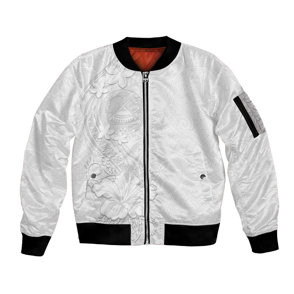 American Samoa White Sunday Sleeve Zip Bomber Jacket Polynesian Pattern With Tropical Flowers LT05 Unisex White - Polynesian Pride