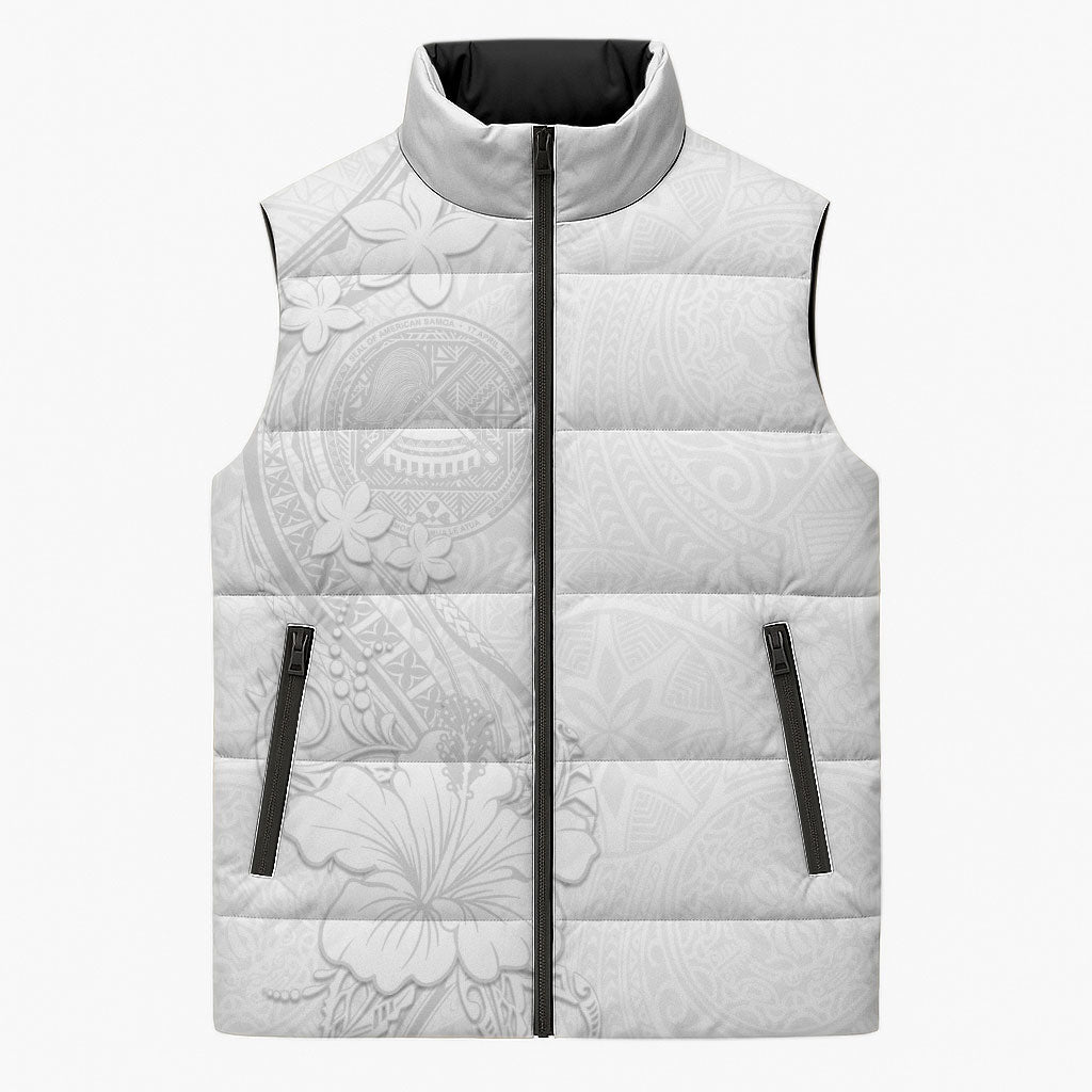 American Samoa White Sunday Sleeveless Puffer Jacket Polynesian Pattern With Tropical Flowers