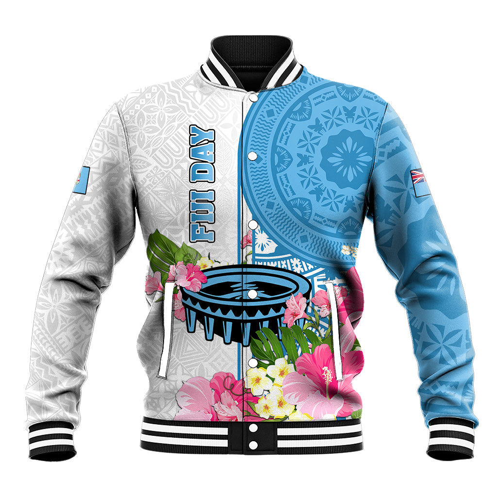 Fiji Day Baseball Jacket Tanoa Hibiscus Fijian Tapa Masi Pattern LT05 Unisex White - Polynesian Pride