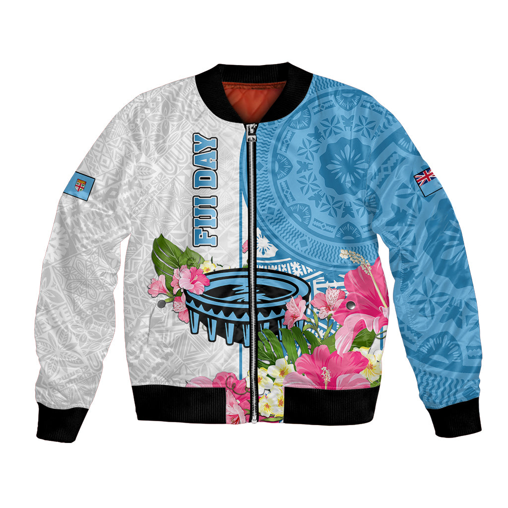 Fiji Day Bomber Jacket Tanoa Hibiscus Fijian Tapa Masi Pattern LT05 Unisex White - Polynesian Pride