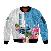 Fiji Day Sleeve Zip Bomber Jacket Tanoa Hibiscus Fijian Tapa Masi Pattern LT05 Unisex White - Polynesian Pride