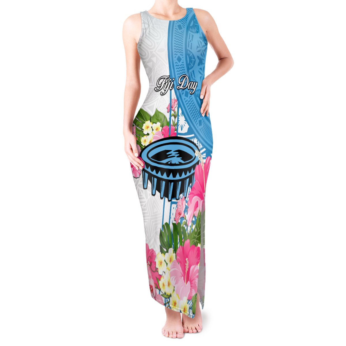 Fiji Day Tank Maxi Dress Tanoa Hibiscus Fijian Tapa Masi Pattern LT05 Women White - Polynesian Pride