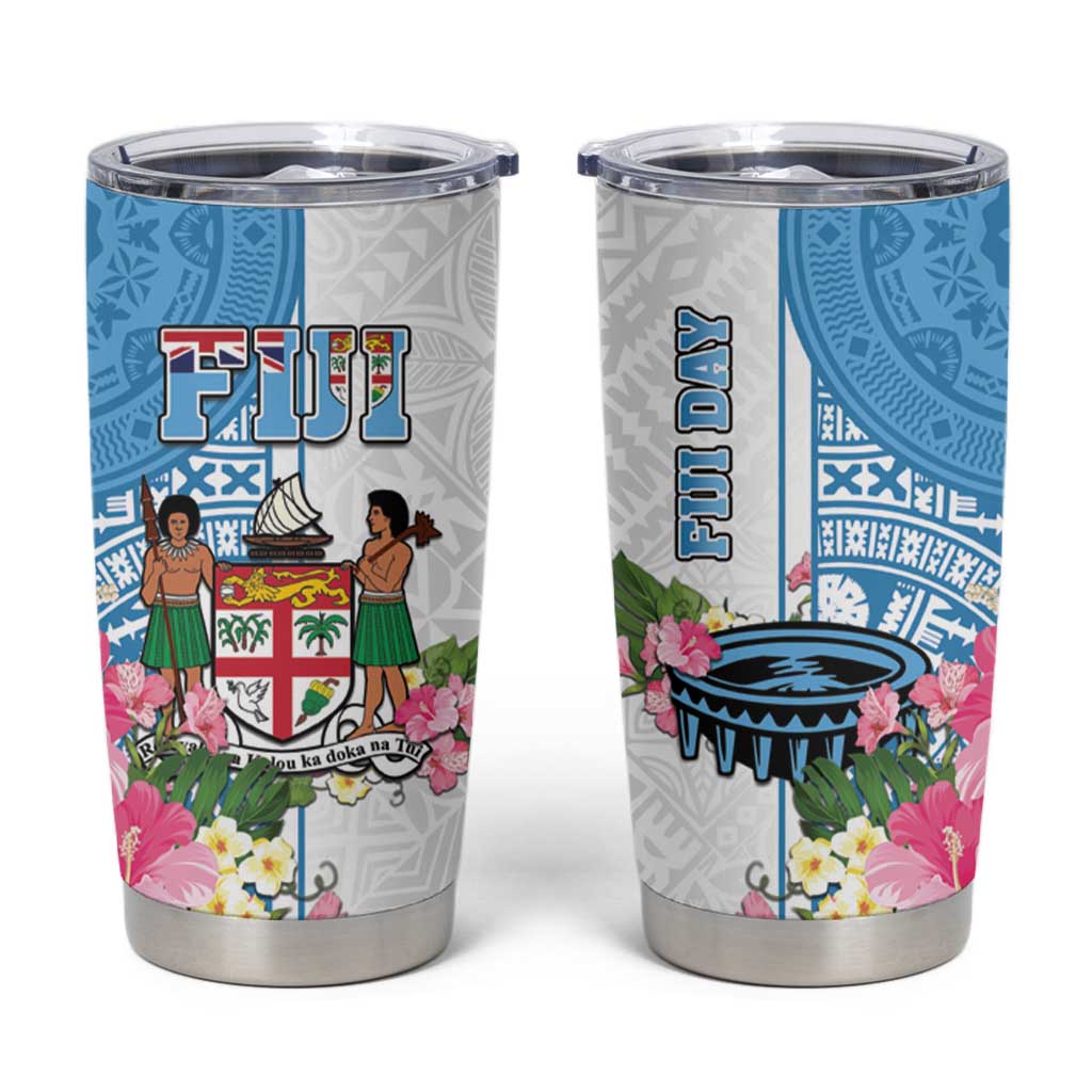Fiji Day Tumbler Cup Tanoa Hibiscus Fijian Tapa Masi Pattern LT05 White - Polynesian Pride
