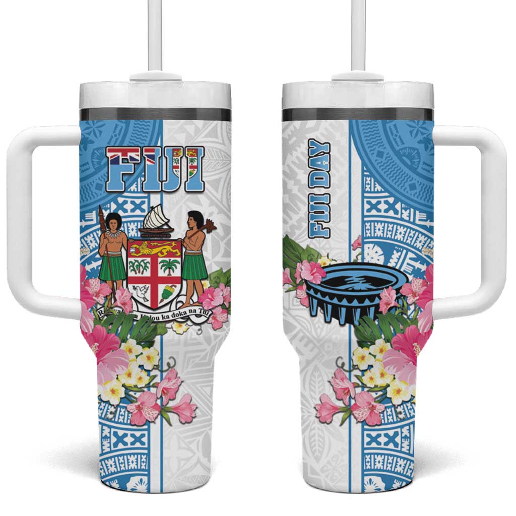 Fiji Day Tumbler With Handle Tanoa Hibiscus Fijian Tapa Masi Pattern LT05 One Size: 40 oz White - Polynesian Pride