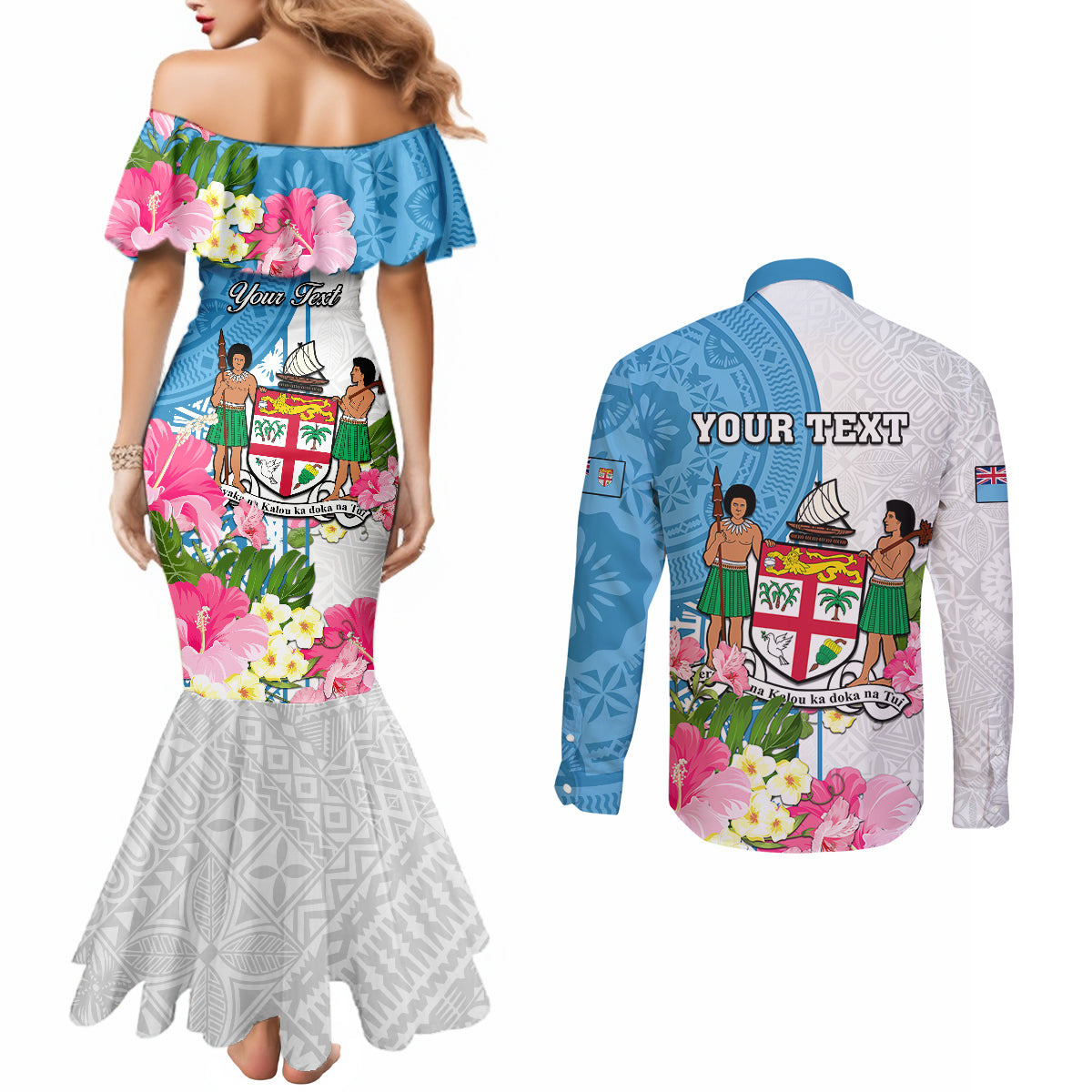 personalized-fiji-day-couples-matching-mermaid-dress-and-long-sleeve-button-shirts-tanoa-hibiscus-fijian-tapa-masi-pattern