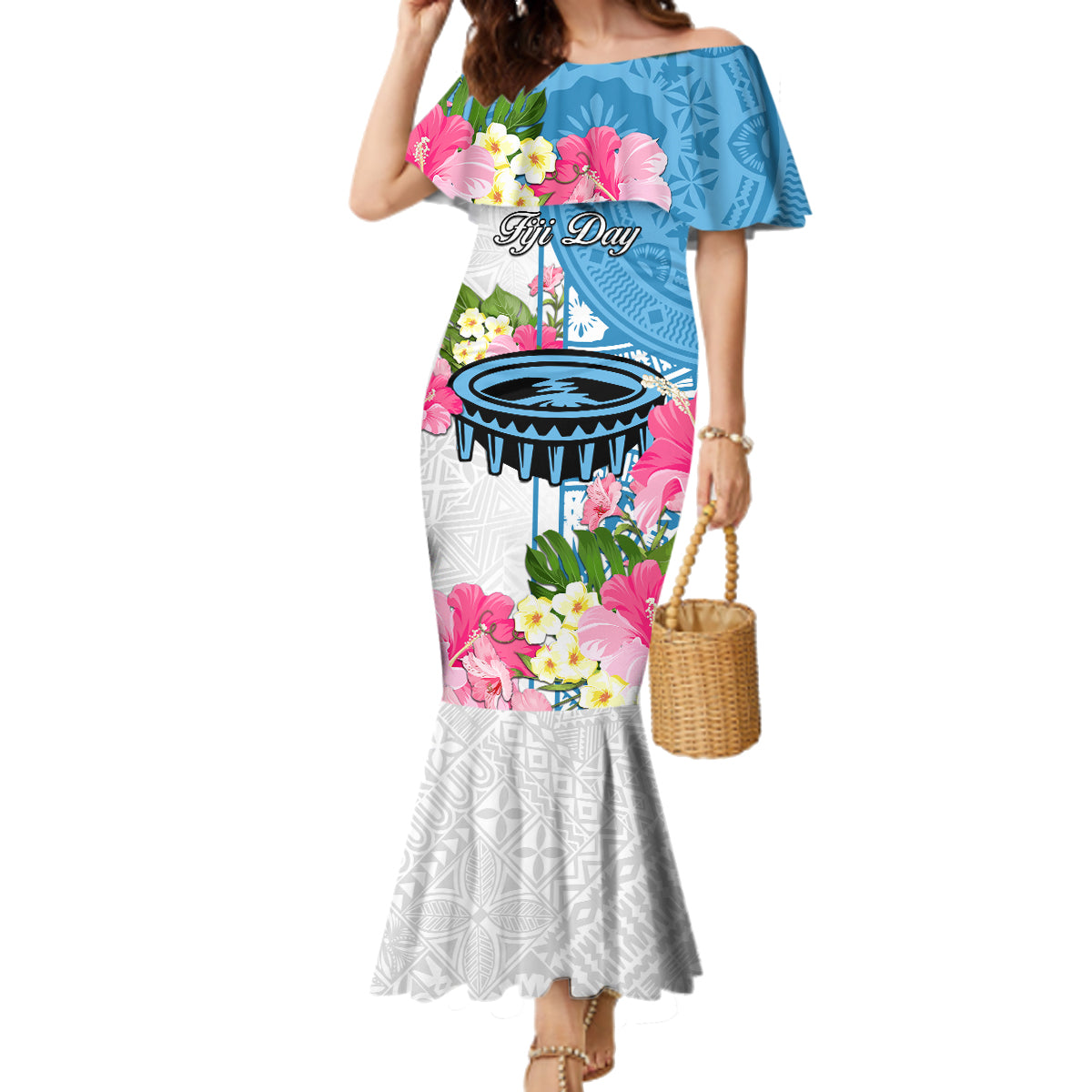Personalized Fiji Day Family Matching Mermaid Dress and Hawaiian Shirt Tanoa Hibiscus Fijian Tapa Masi Pattern LT05 Mom's Dress White - Polynesian Pride