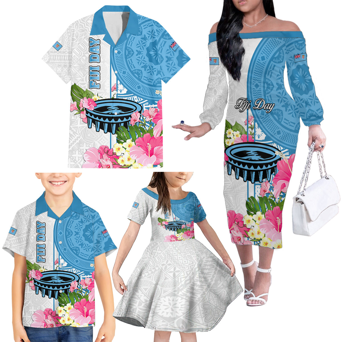 Personalized Fiji Day Family Matching Off Shoulder Long Sleeve Dress and Hawaiian Shirt Tanoa Hibiscus Fijian Tapa Masi Pattern LT05 - Polynesian Pride