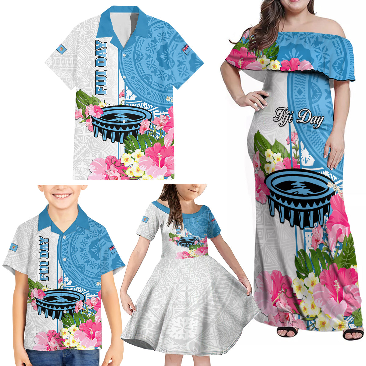 Personalized Fiji Day Family Matching Off Shoulder Maxi Dress and Hawaiian Shirt Tanoa Hibiscus Fijian Tapa Masi Pattern LT05 - Polynesian Pride