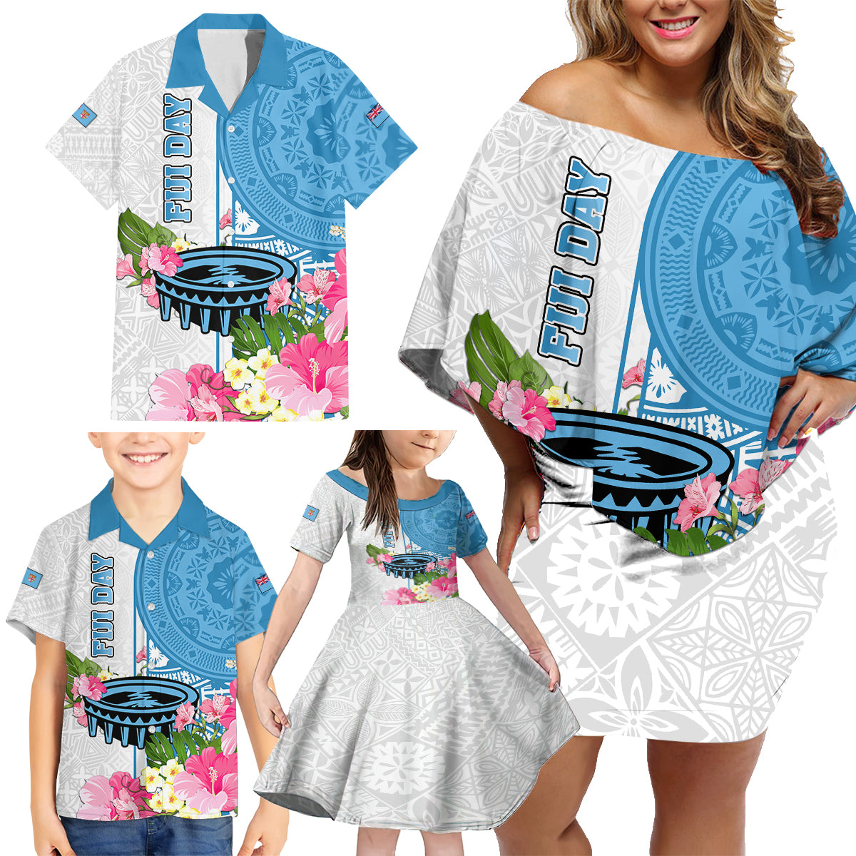 Personalized Fiji Day Family Matching Off Shoulder Short Dress and Hawaiian Shirt Tanoa Hibiscus Fijian Tapa Masi Pattern LT05 - Polynesian Pride