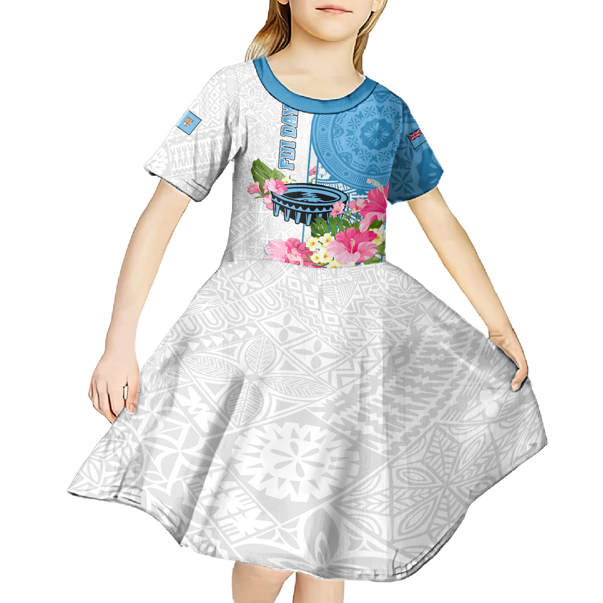 Personalized Fiji Day Kid Short Sleeve Dress Tanoa Hibiscus Fijian Tapa Masi Pattern LT05 - Polynesian Pride