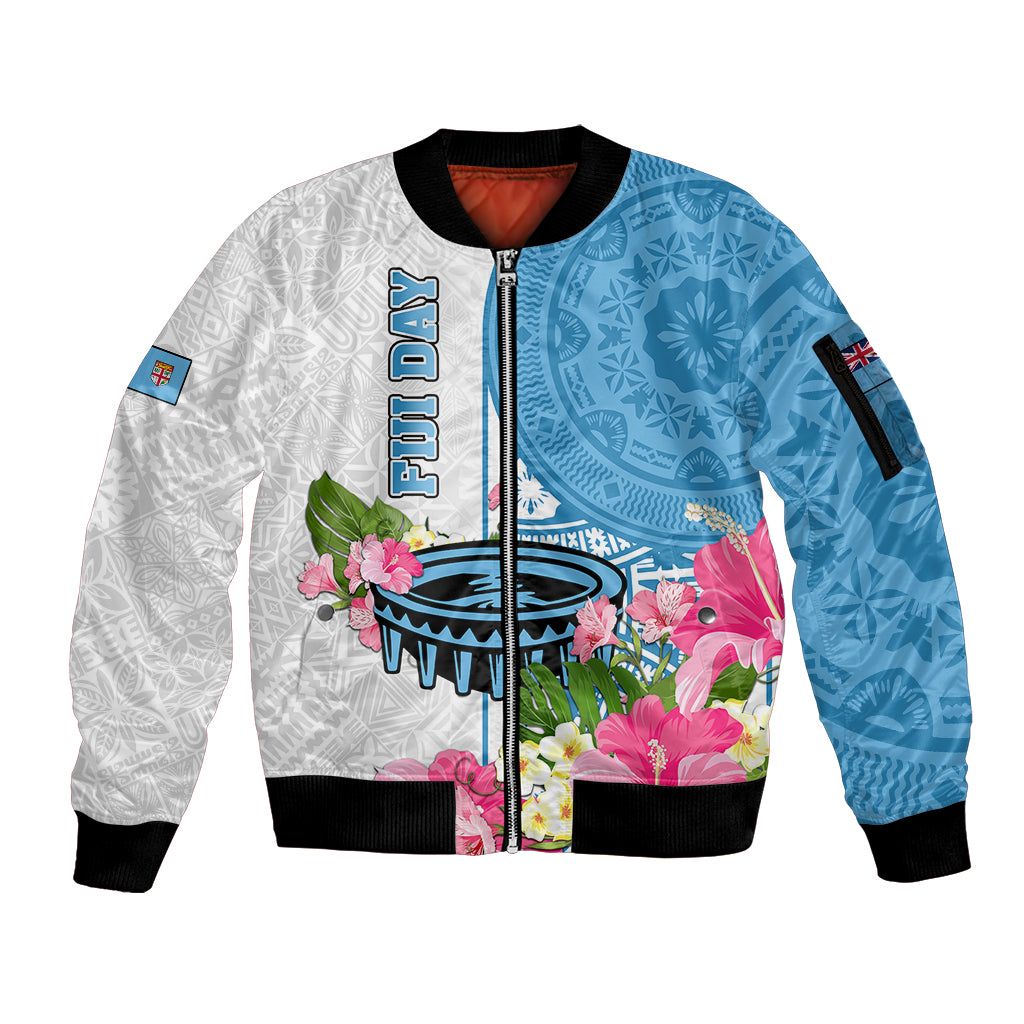 Personalized Fiji Day Sleeve Zip Bomber Jacket Tanoa Hibiscus Fijian Tapa Masi Pattern LT05 Unisex White - Polynesian Pride