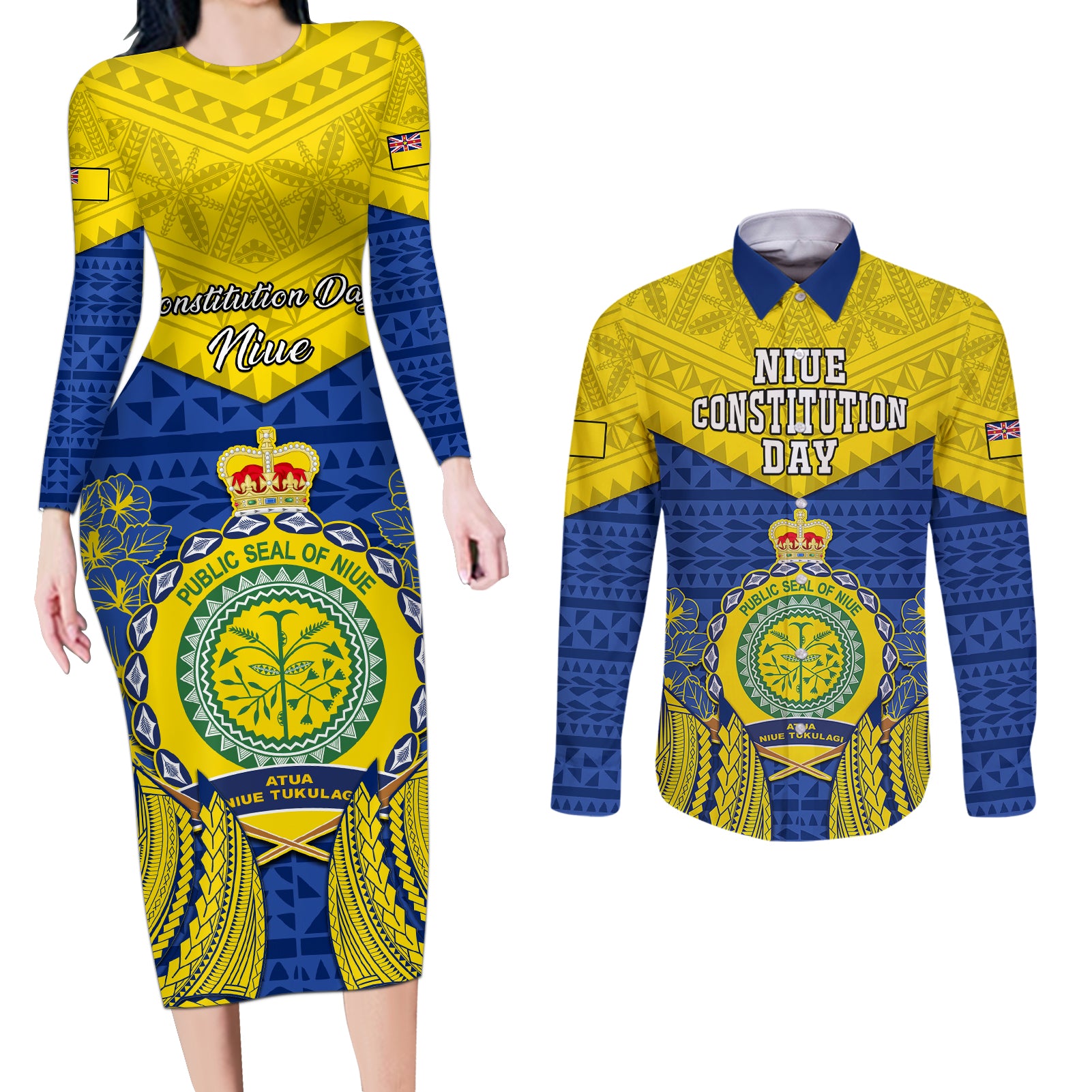 niue-constitution-day-couples-matching-long-sleeve-bodycon-dress-and-long-sleeve-button-shirts-coat-of-arms-niuean-hiapo-pattern