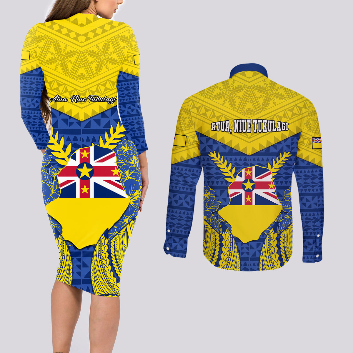 niue-constitution-day-couples-matching-long-sleeve-bodycon-dress-and-long-sleeve-button-shirts-coat-of-arms-niuean-hiapo-pattern