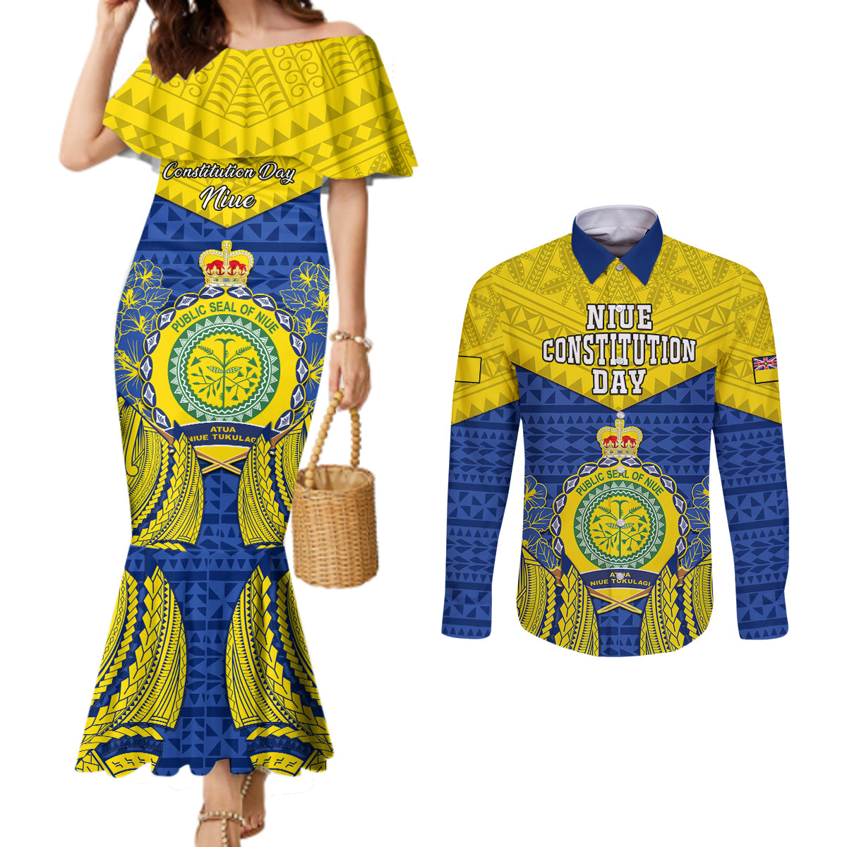 niue-constitution-day-couples-matching-mermaid-dress-and-long-sleeve-button-shirts-coat-of-arms-niuean-hiapo-pattern