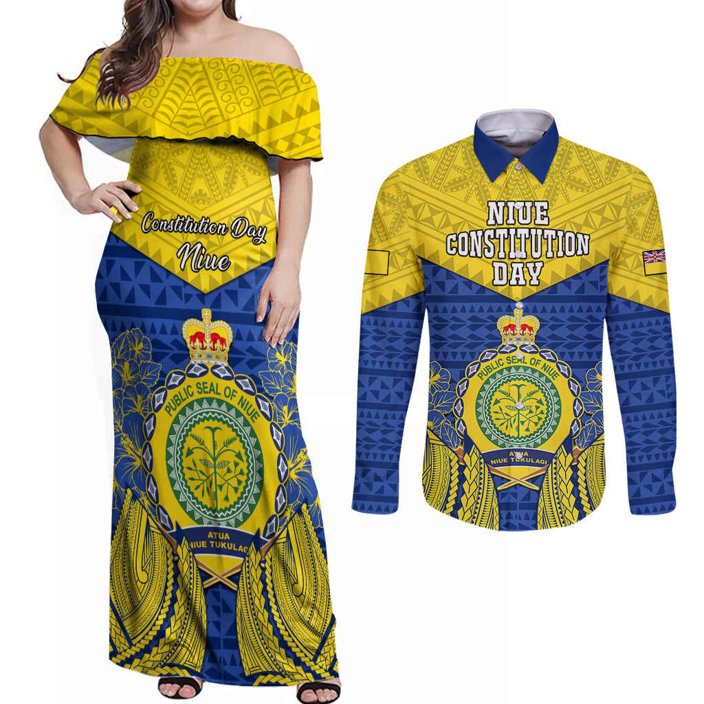 niue-constitution-day-couples-matching-off-shoulder-maxi-dress-and-long-sleeve-button-shirts-coat-of-arms-niuean-hiapo-pattern