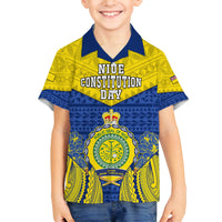 Niue Constitution Day Family Matching Puletasi Dress and Hawaiian Shirt Coat Of Arms Niuean Hiapo Pattern LT05 Son's Shirt Yellow - Polynesian Pride