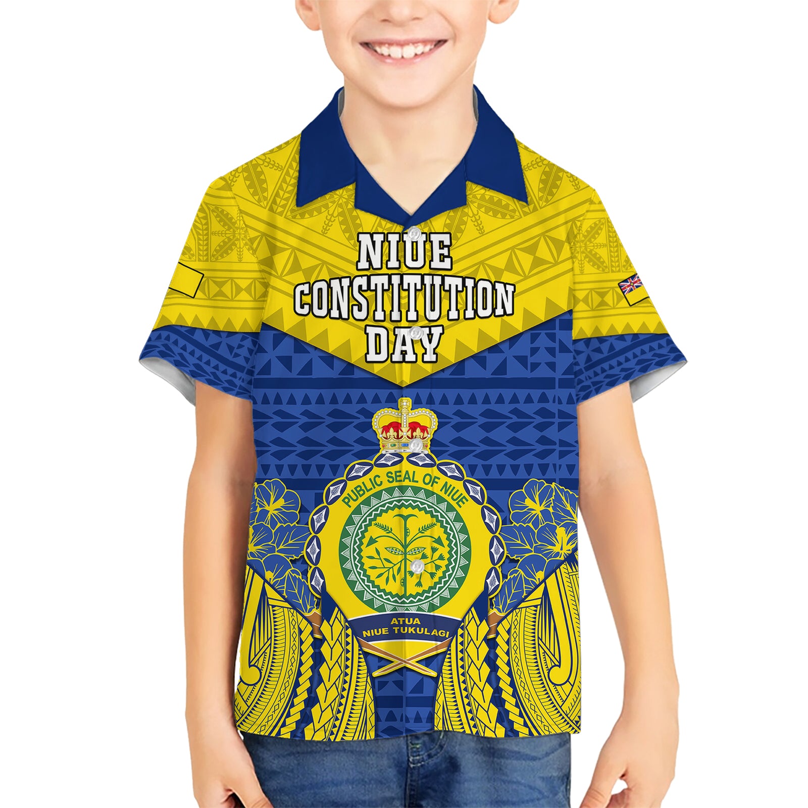 Niue Constitution Day Kid Hawaiian Shirt Coat Of Arms Niuean Hiapo Pattern LT05 Kid Yellow - Polynesian Pride