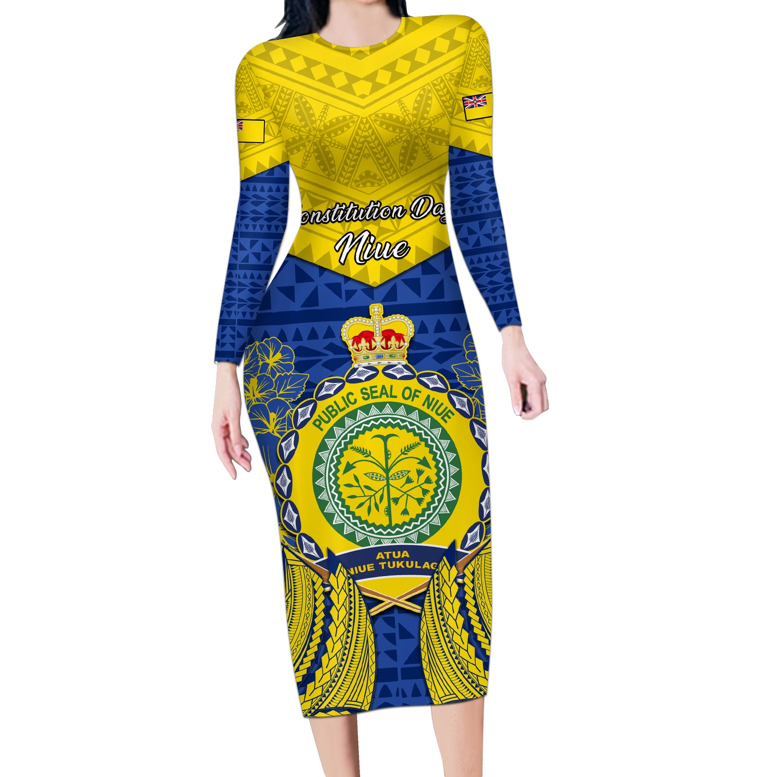 niue-constitution-day-long-sleeve-bodycon-dress-coat-of-arms-niuean-hiapo-pattern