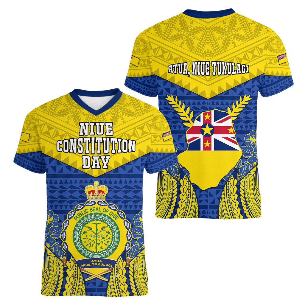 niue-constitution-day-women-v-neck-t-shirt-coat-of-arms-niuean-hiapo-pattern