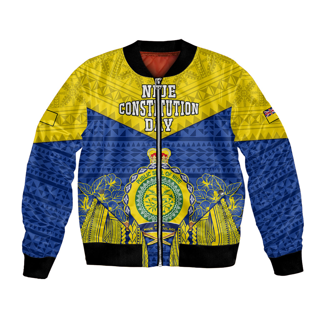 Personalized Niue Constitution Day Bomber Jacket Coat Of Arms Niuean Hiapo Pattern LT05 Unisex Yellow - Polynesian Pride